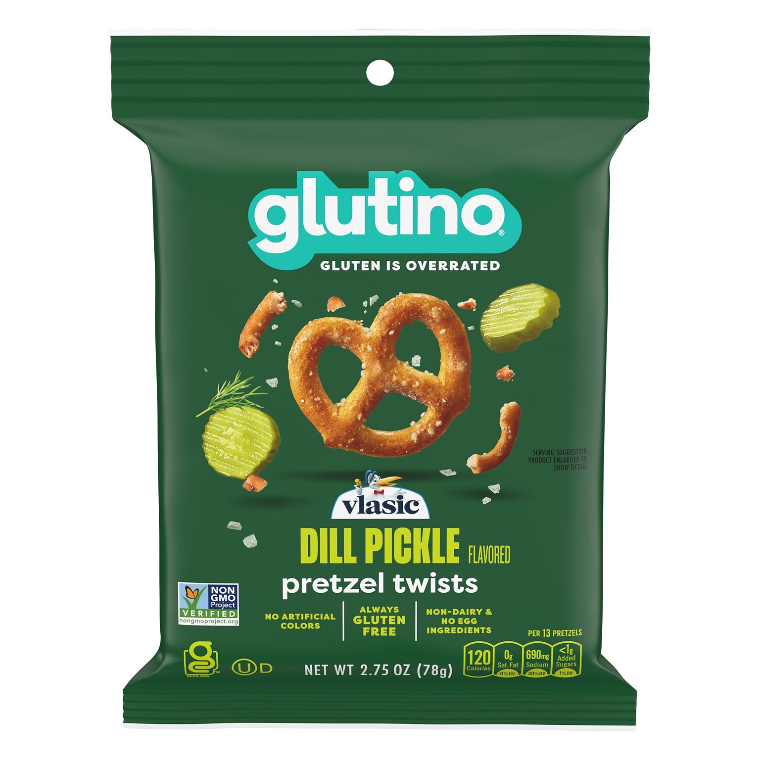 Glutino Gluten Free Vlasic Dill Pickle Flavored Pretzel Twists, 2.75 oz., 8 Bags/Carton (GOV04157)