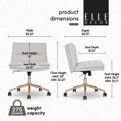 Elle Decor Ariana Armless Ergonomic Fabric Swivel Computer and Desk Chair, Light Gray (60121-LGRY)