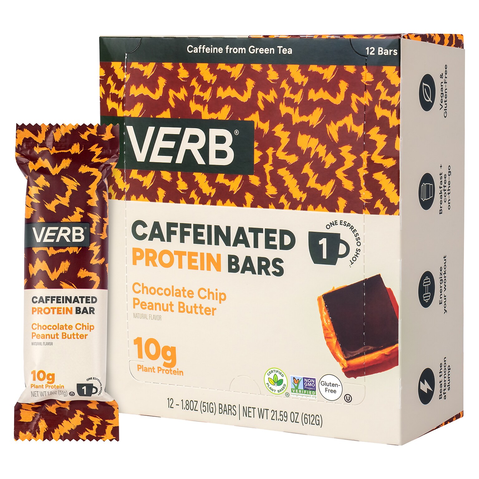 VERB Caffeinated Gluten Free Chocolate Chip Peanut Butter Protein Bar, 1.8 oz., 12/Pack (220-02522)