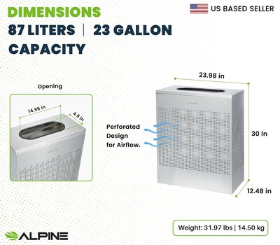 Alpine Industries Stainless Steel Trash Can, 23 Gallon, Silver (ALP438-23-SS-MK)