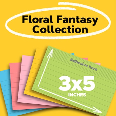 Post-it Notes, 3" x 5", Floral Fantasy Collection, Lined, 100 Sheet/Pad, 5 Pads/Pack (635-5AU)