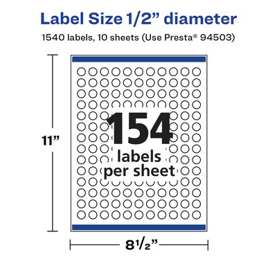 Avery Laser/Inkjet Round Multipurpose Labels, 0.5" Dia., White, 1,540 Labels/Pack  (94503)