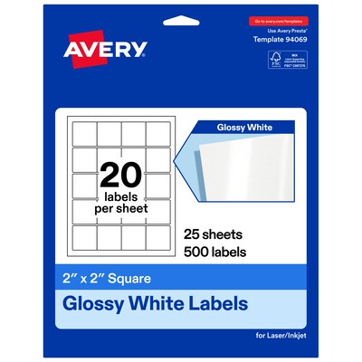 Avery Glossy Square Laser/Inkjet Multipurpose Labels, 2 x 2, White, 20 Labels/Sheet, 25 Sheets/Pack (19479311204)