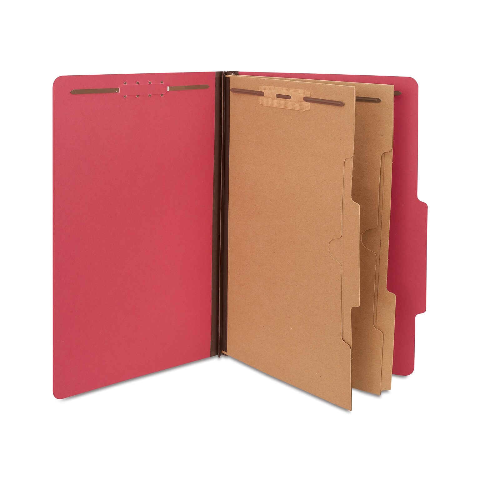 Quill Brand® 2/5-Cut Pressboard Classification Folders with Pockets, 2-Partitions, 6-Fasteners, Legal, Red, 15/Box (737030)