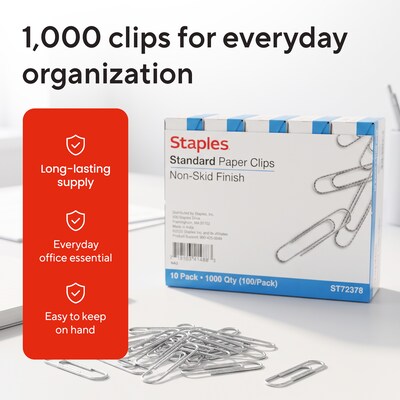 Staples Standard Paper Clips, Silver, 100 Clips/Pack, 10 Packs (A7026599A/50452)