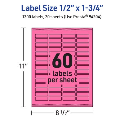 Avery Laser/Inkjet Rectangle Multipurpose Labels, 0.5" x 1.75", Bright Pink, 1200/Pack (94204)