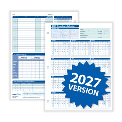 ComplyRight 2027 Attendance Calendar Set, 25 Forms/Pack (A1411W16PK25)