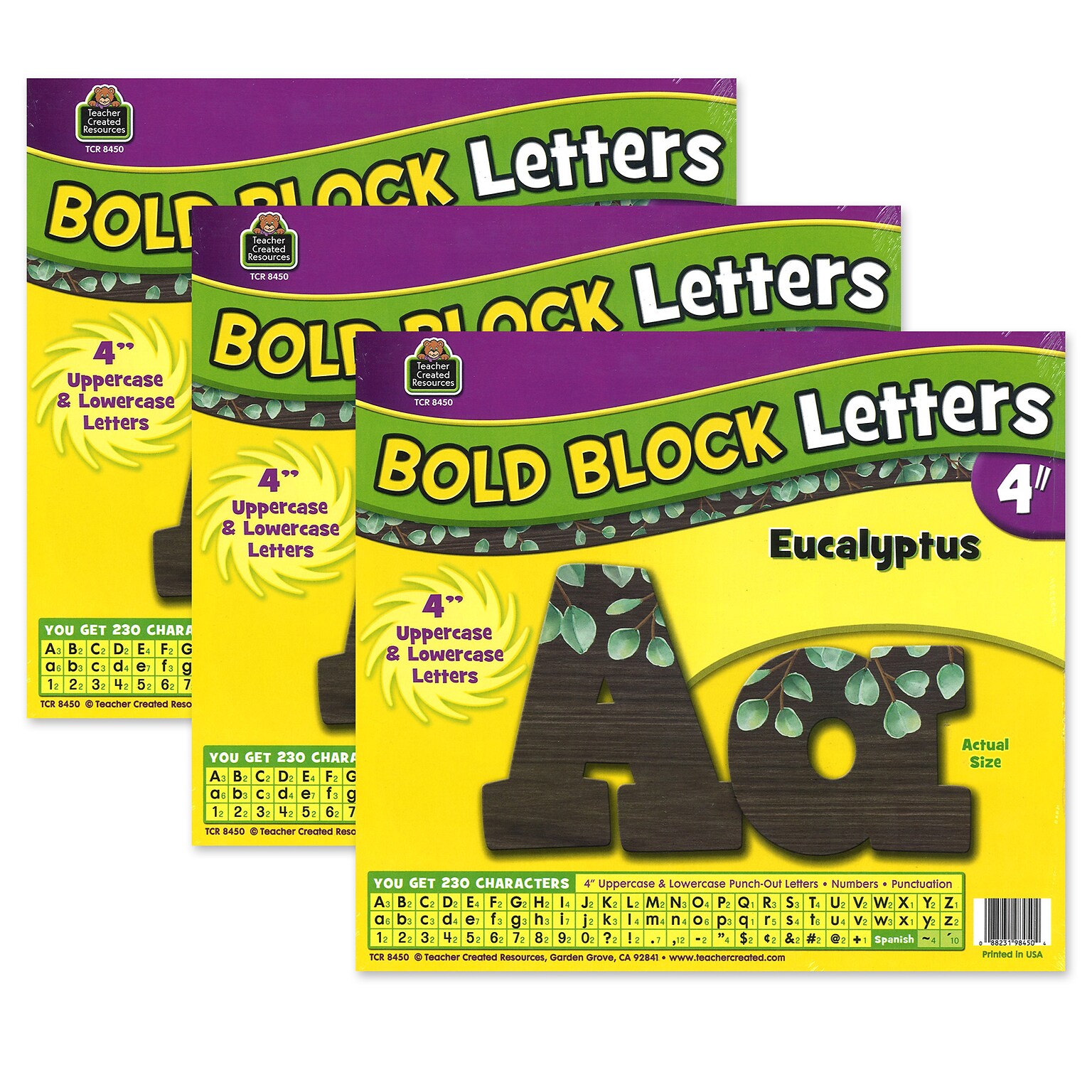 Teacher Created Resources Bold Block 4 Letters Combo Pack, Eucalyptus, 230/Pack, 3 Packs (TCR8450-3)