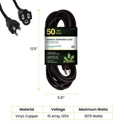 GoGreen Power 50 Indoor/Outdoor Extension Cord, 14 AWG, Black (GG-13850BK)