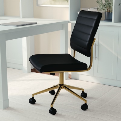 Martha Stewart Ivy Armless Faux Leather Swivel Office Chair, Black/Polished Brass (CH2209211BKGLD)