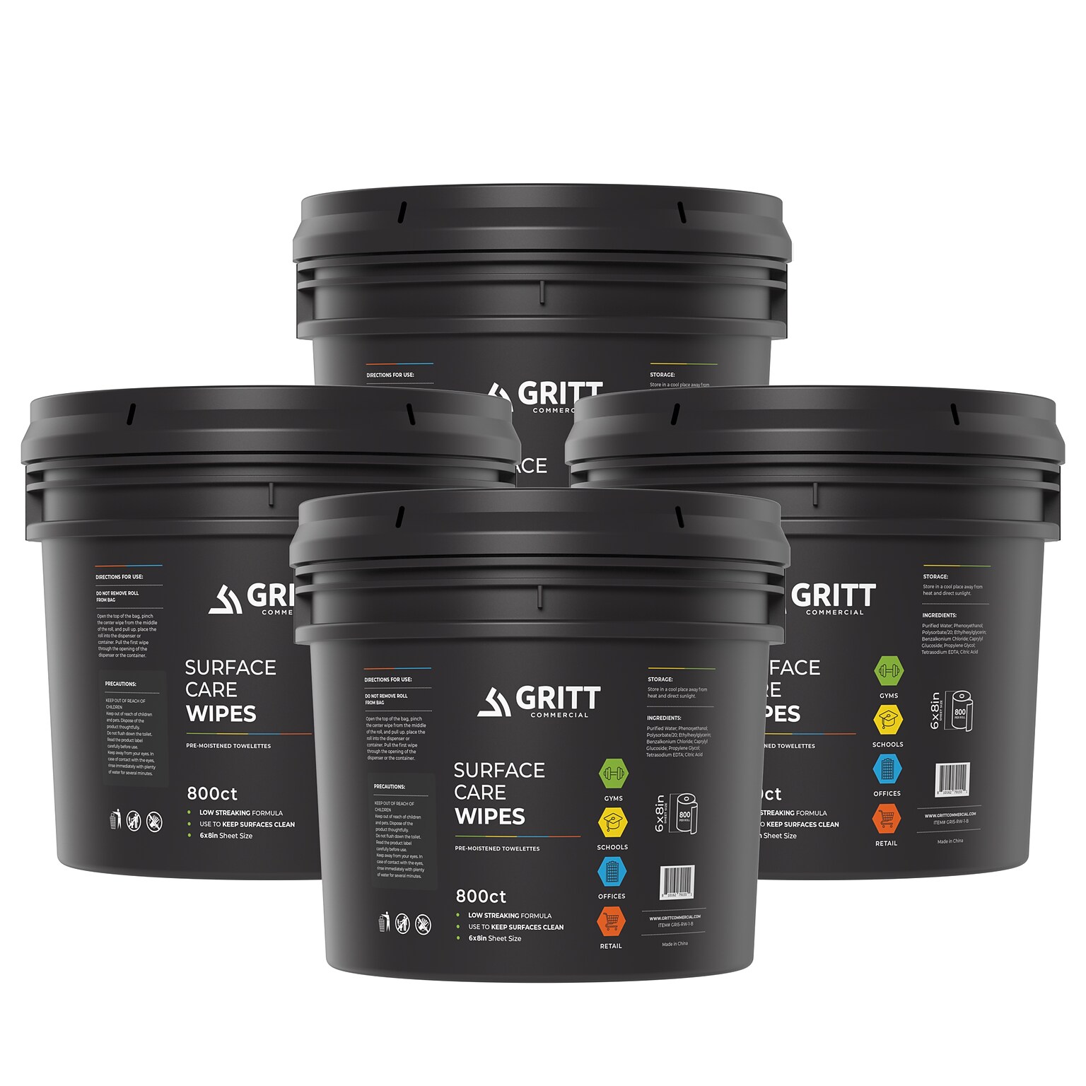 Gritt Commercial Professional All-Purpose Wipes with Bucket Dispenser, 800 Wipes/Bag, 4 Bags/Carton (GRI5-RW-1-B-CS)