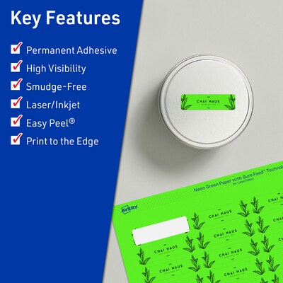 Avery Laser/Inkjet Multipurpose Rectangle Labels, 1 x 1.5, Neon Green, 640/Pack (94219)