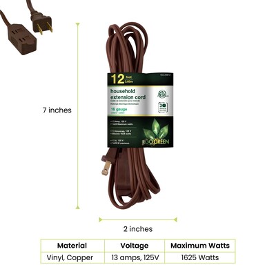 GoGreen Power 12 Extension Cord, 3-Outlet, 16 AWG, Brown (GG-24812-3)
