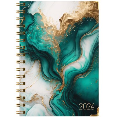 2026 Global Printed Products 5.5" x 8" Weekly & Monthly Planner, Paperboard Cover, Teal Gold Marble (FSHN-CY26-58-54)