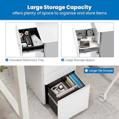 Mount-It! 3-Drawer Mobile File Cabinet, Letter/Legal Size, Lockable, 23.35"H x 11.81"W x 19.69"D, White (MI-944W)