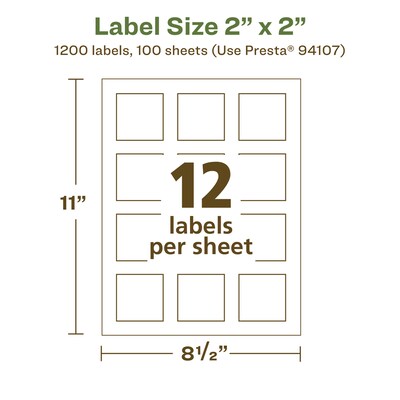 Avery EcoFriendly Laser/Inkjet Square Multipurpose Labels, 2" x 2", White, 1200/Box (94107)