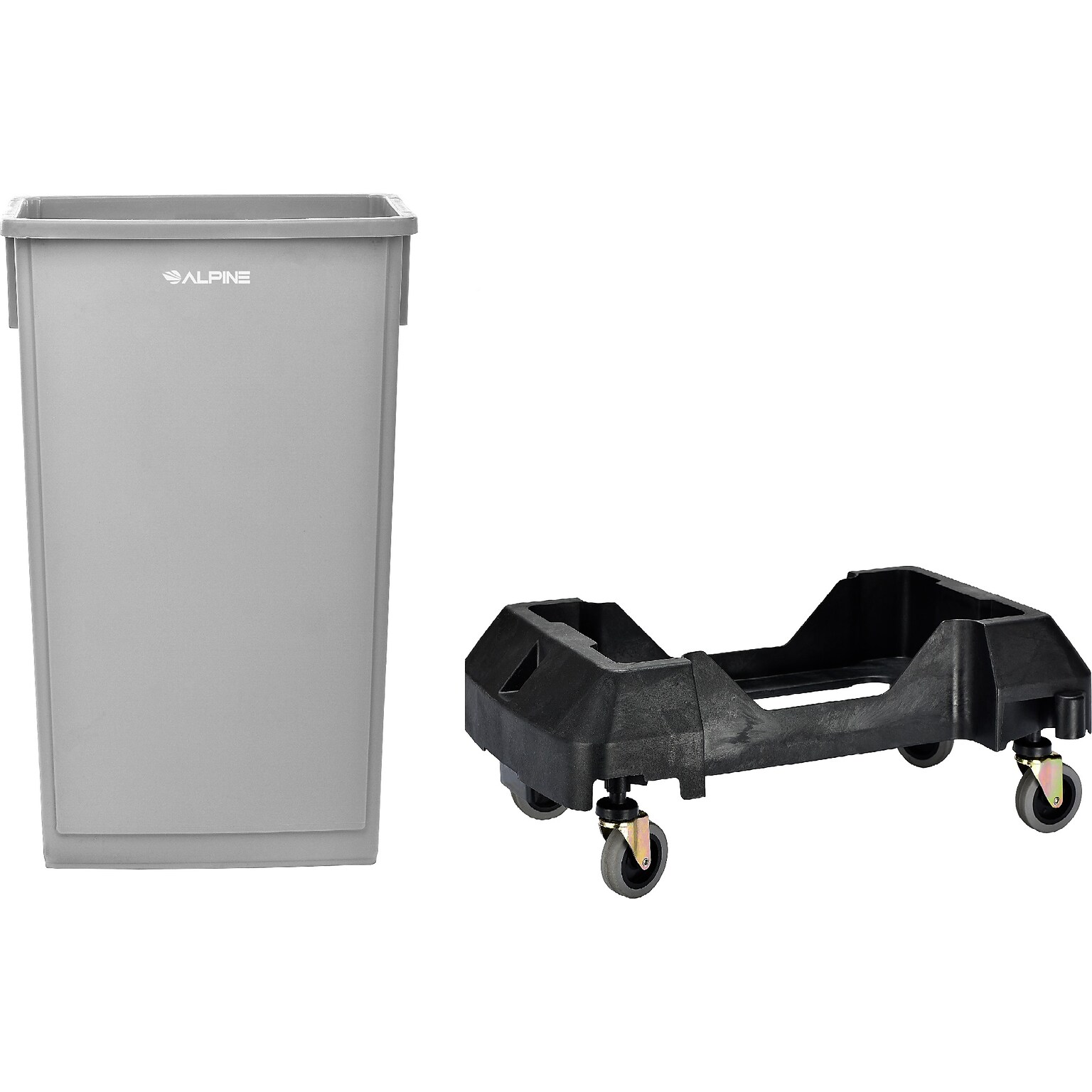 Alpine Industries Polypropylene Trash Can and Dolly, 23 Gallon, Gray (ALP477-GRY-PKD)