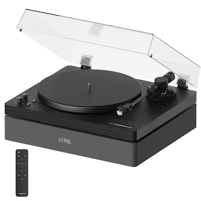 Audiosource AT33 Belt Drive turntable with 2.1 channel 120 watt Bluetooth Speakers, Black Woodgrain