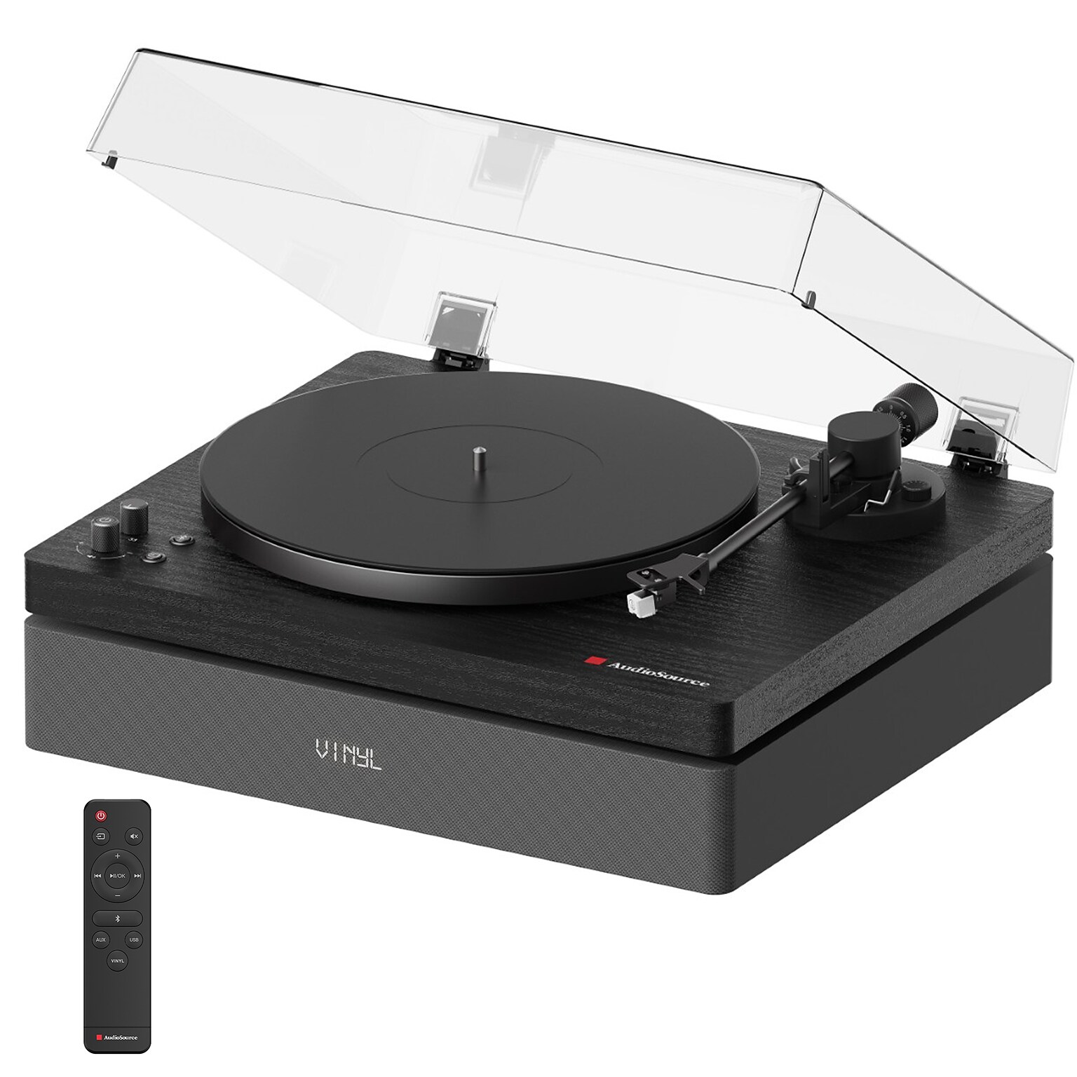 Audiosource AT33 Belt Drive turntable with 2.1 channel 120 watt Bluetooth Speakers, Black Woodgrain (AT3345BW)