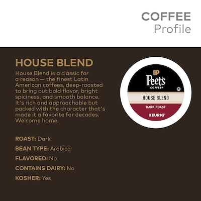 Peet's Coffee House Blend Coffee Keurig® K-Cup® Coffee Pods, Dark Roast, 22/Box (5000379613)