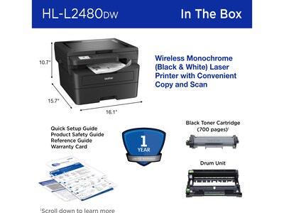 Brother HL-L2480DW Wireless Compact Multi-Function Laser Printer, Copy & Scan, Duplex, Refresh Subscription Ready