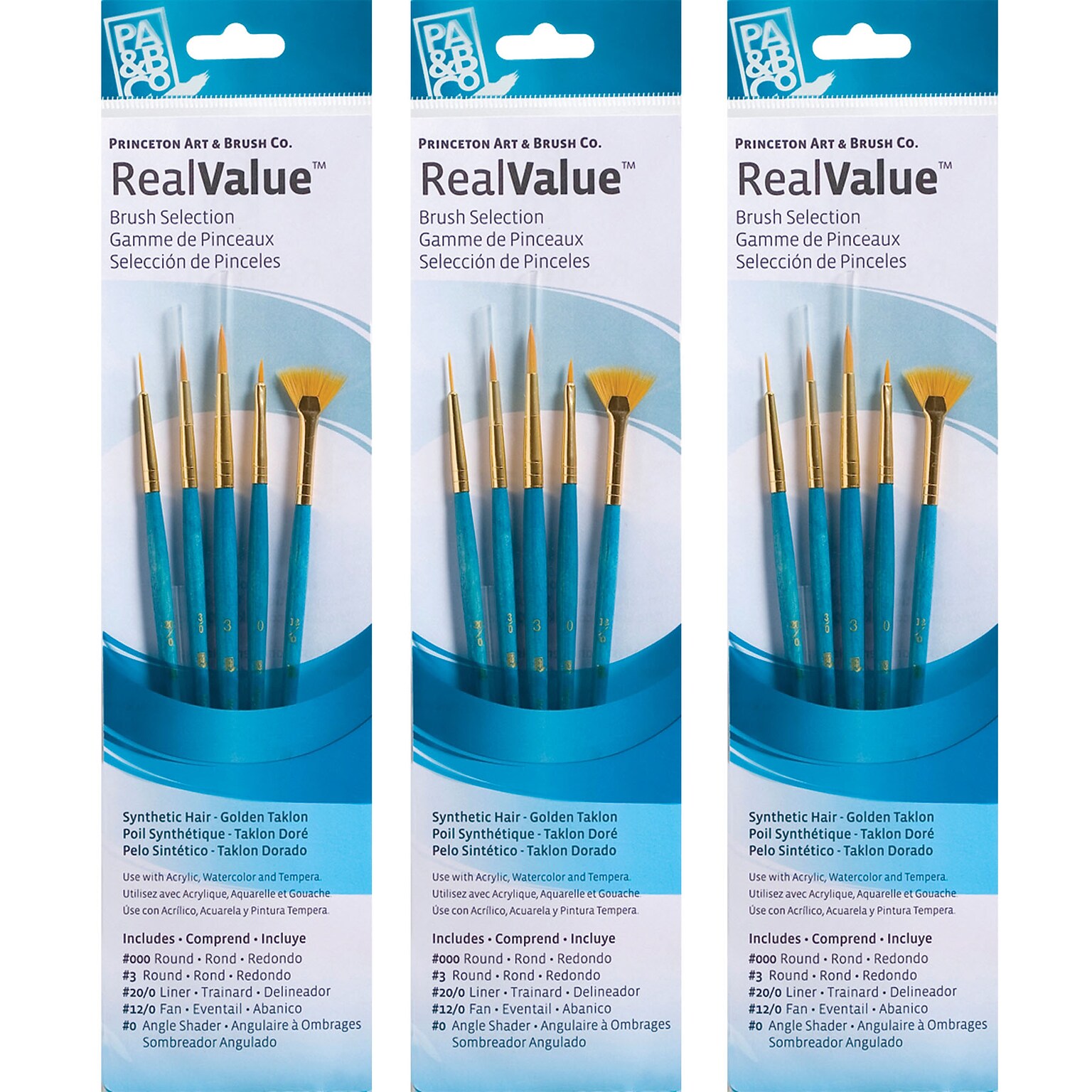 Princeton RealValue Mixed Media Synthetic Taklon Variety Brush Set, Blue, 4/Set, 3 Sets/Bundle (PBXPR9170-3)