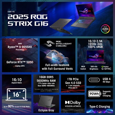 ASUS ROG Strix G16 16 FHD 165Hz Gaming Laptop, NVIDIA GeForce RTX 5050, AMD Ryzen 9 9955HX, 16GB RA