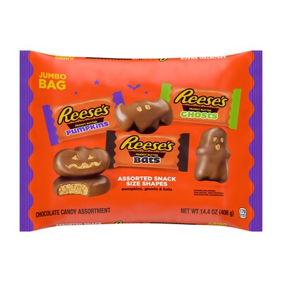 REESES Snack Size Assorted Milk Chocolate Peanut Butter Shapes Candy Jumbo Bag, 14.4 oz. (HEC45303)