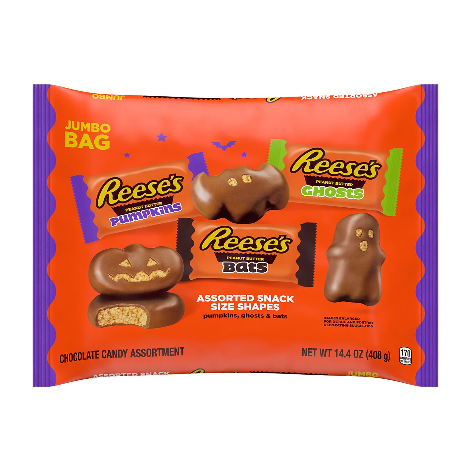REESES Snack Size Assorted Milk Chocolate Peanut Butter Shapes Candy Jumbo Bag, 14.4 oz. (HEC45303)
