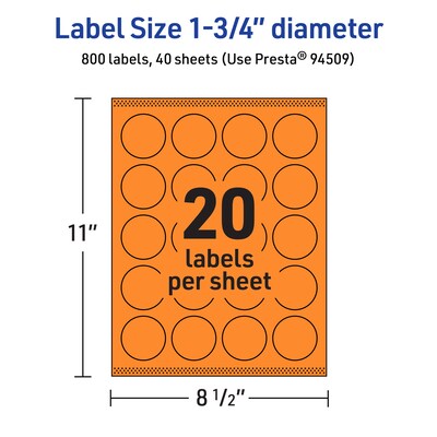 Avery Laser/Inkjet Multipurpose Circle Labels, 1.75" Dia., Bright Orange, 800/Pack (94509)