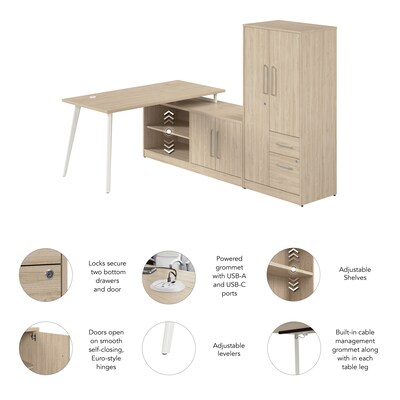 Bush Business Furniture Vista 60"W L Shaped Desk with Low Storage Cabinet and Wardrobe, Natural Elm (VST010NE)