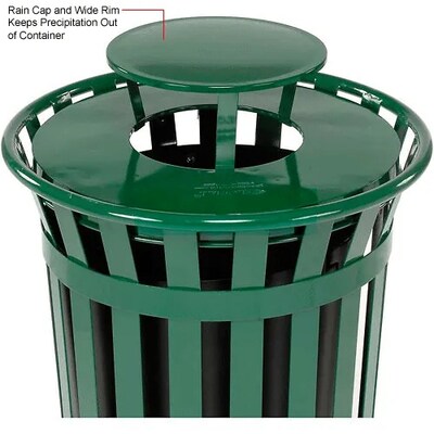 Global Industrial Outdoor Slatted Steel Trash Can w/ Rain Bonnet Lid, 36 Gallon, Green (260804GN)