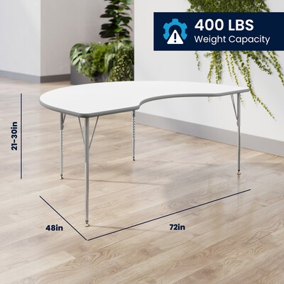 Flash Furniture Wren Kidney Activity Table, 72" x 48", Height Adjustable, White Top/Silver Frame (XUA4872KDWHTA)