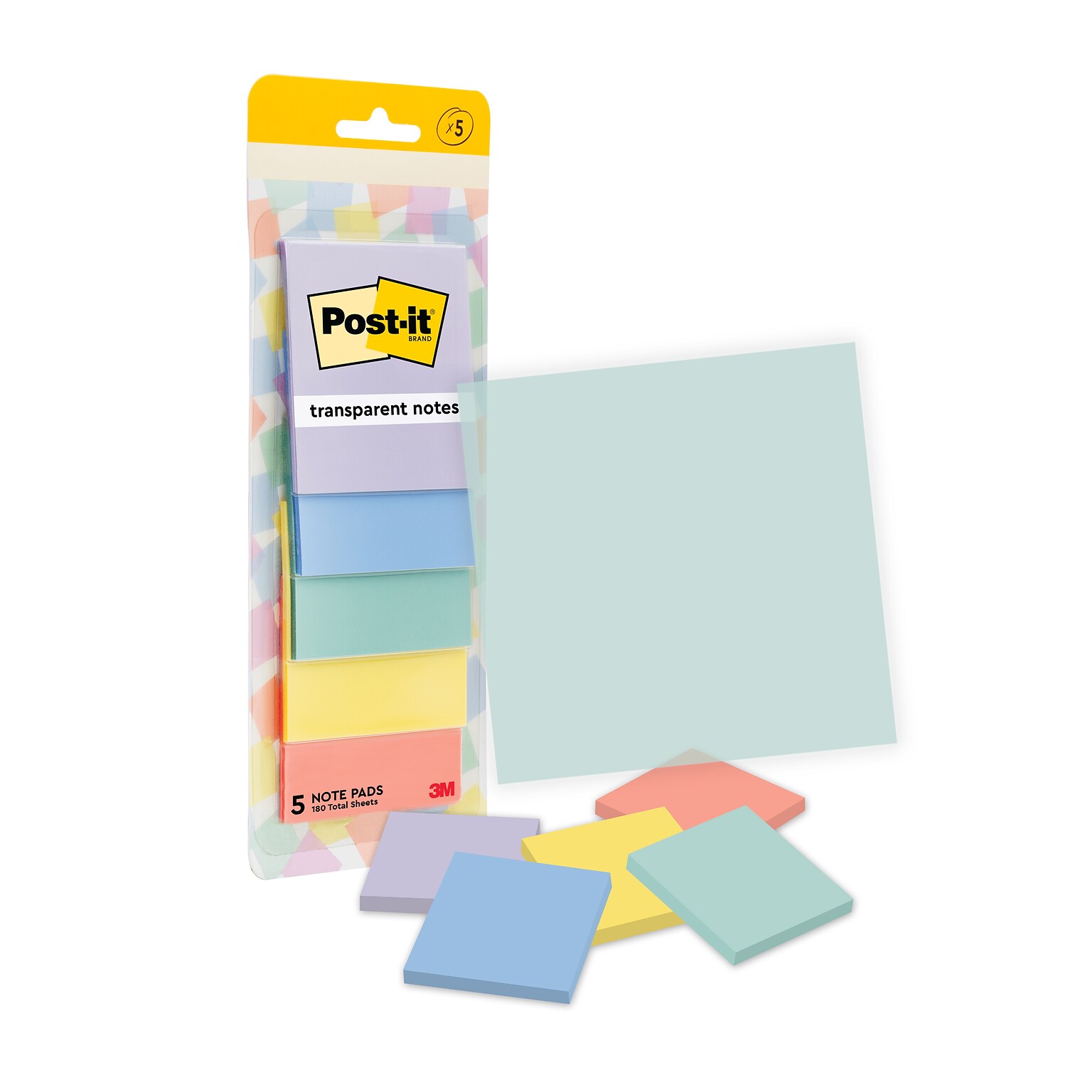 Post-it Transparent Sticky Notes, 2.8 x 2.8, Assorted Colors, 36 Sheets/Pad, 5 Pads/Pack (600-5PASTEL)