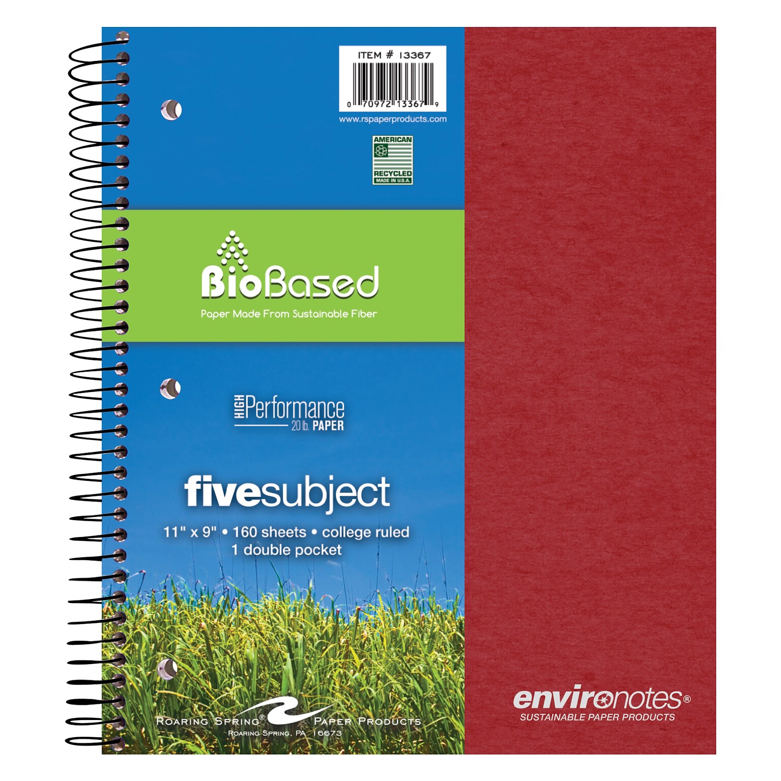 Roaring Spring Environotes 5-Subject Notebooks, 9 x 11, College Ruled, 160 Sheets, Assorted Colors, 12/Carton