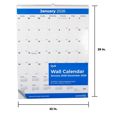 2026 Quill Brand® 30 x 20 Vertical Wall Calendar, Blue (63007-26-QCC)