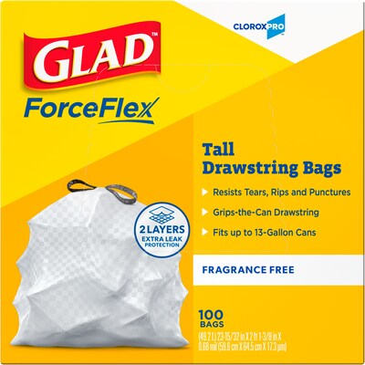 Glad ForceFlex Tall 13 Gallon Drawstring Commercial Trash Bag, Low Density, 0.6 mil, White, 100 Total Bags (78374)