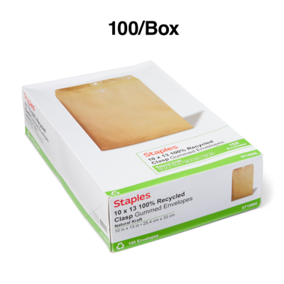 Staples Clasp & Moistenable Glue Catalog Envelopes, 10" x 13", Natural Brown, 100/Box (19965)