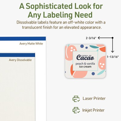 Avery Dissolvable Rectangle Multipurpose Labels, 1-13/16" x 2-3/16", Off-white, 120/Pack (94233)