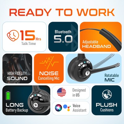 Delton 10X Wireless Noise-Canceling Bluetooth Over-the-Head Mono Computer Headset, Black (DBTHEAD10XBTDL)