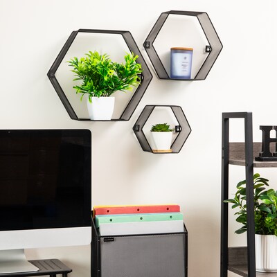 Mind Reader 3-Shelf Metal Honeycomb Hexagon Floating Shelves, Black, 3/Set (WALL3PC-BLK)
