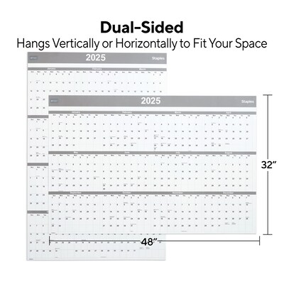 2025 Staples 48" x 32" Dry Erase Wall Calendar, Gray/White (ST58450-25)