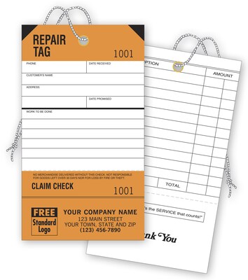 Custom Repair Tags, Service, Orange, Detachable Claim Check, 1 Color Printing, 3 1/8 x 5 1/2, 500/
