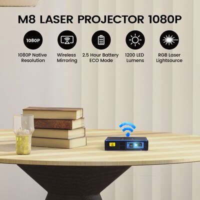 AAXA M8 Laser Projector, 1200 Laser Lumens, 150 Min battery, Auto Keystone, E-focus, Wireless/USBC Mirroring, HDMI, 4K Support