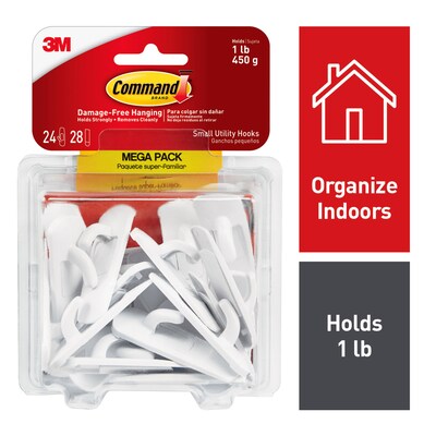 Command Small Utility Hook Mega Pack, 2 lb., White, 24/Pack (17002-MPES)