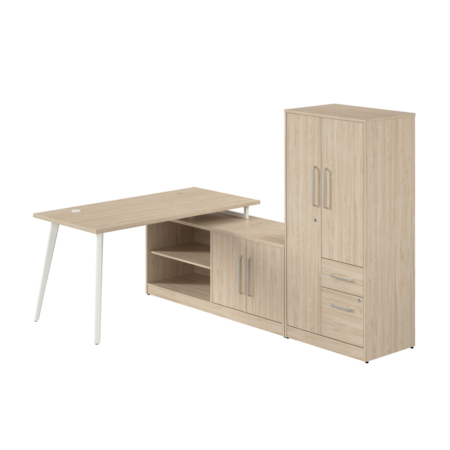 Bush Business Furniture Vista 60W L Shaped Desk with Low Storage Cabinet and Wardrobe, Natural Elm (VST010NE)