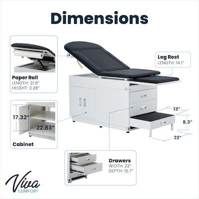 Viva Comfort Adjustable Exam Table with Stirrups & Storage, 500 lbs. Capacity, Black (ADI996-09-SSU2-BLK-MK)
