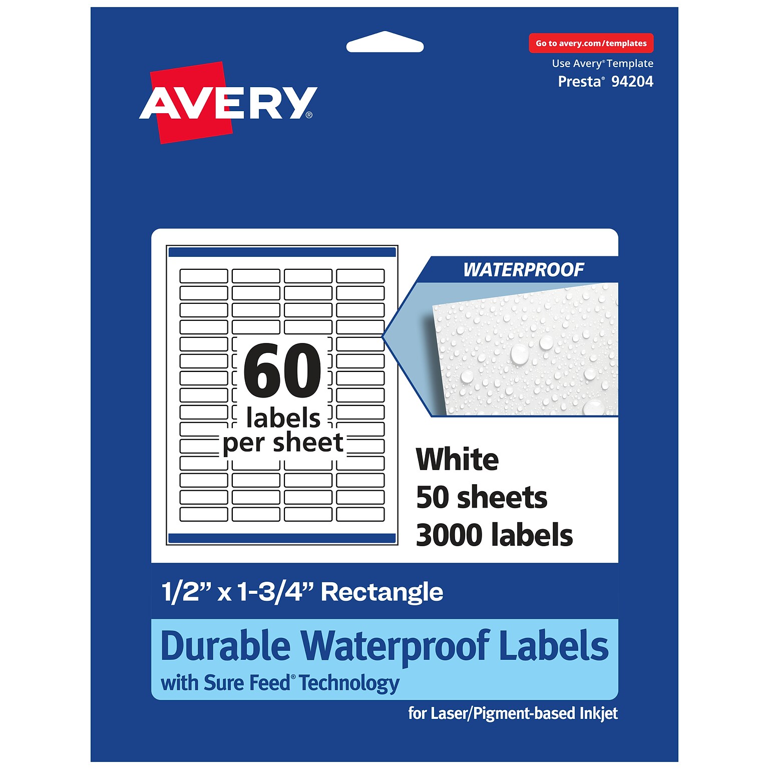 Avery Laser/Inkjet Waterproof Multipurpose Rectangle Labels, 0.5 x 1.75, White, 3000 Labels/Box (94204)