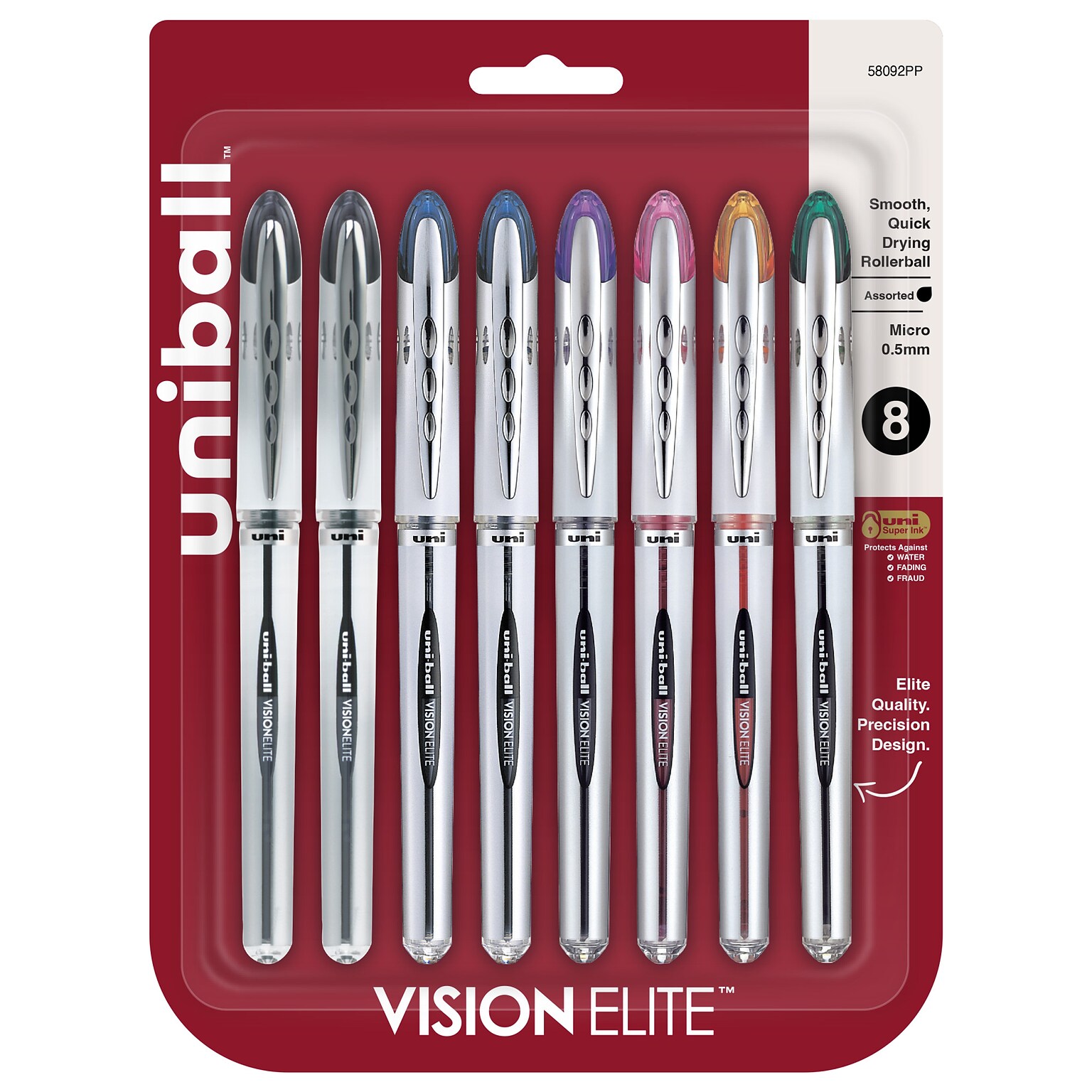 uni-ball Vision Elite Rollerball Pens, Micro Point, Assorted Colors Ink, 8 Pack (58092)