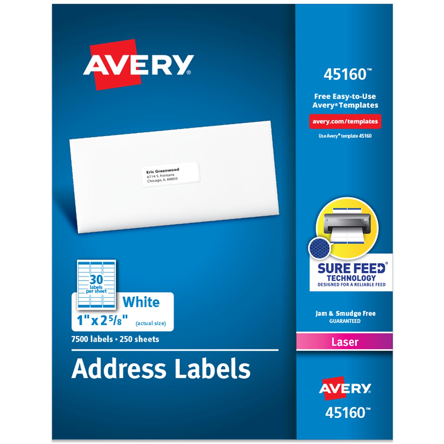 Avery Sure Feed Laser Address Labels, 1 x 2 5/8, Matte White, 30 Labels/Sheet, 250 Sheets/Box, 7500 Labels/Box (45160)